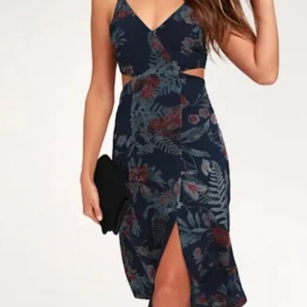 Lulus Floral Cut-Out Maxi Dress Navy Blue‎ Red Tropical XS - READ